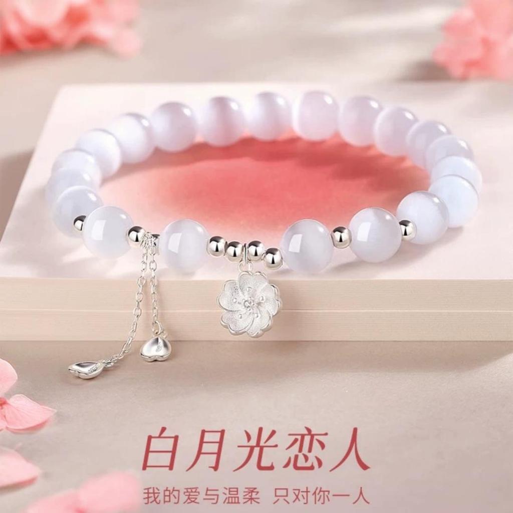 Vòng tay bạc Sweet Cat 's Eye Stone Cherry Blossom 925