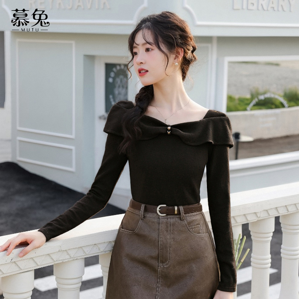 Mutu Áo Thun Nữ Phong Cách Pháp Retro, Cổ Vuông Xù Tay Dài, Form Ôm