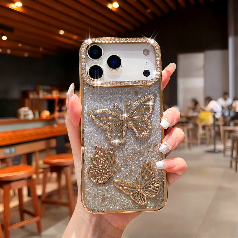 Ốp điện thoại hình con bướm ba chiều Flash Diamond cho iPhone 17 Pro Max 16 13 14 15 Pro Max Air 16 plus Ống kính bảo vệ Camera Vỏ chống sốc Vỏ mềm vỏ bảo vệ điện thoại