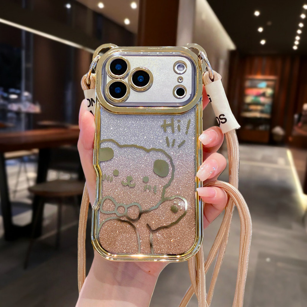 Ốp điện thoại đeo chéo hình gấu dễ thương chất lượng cao cho iPhone 17 Pro Max 13 14 15 16 pro max Air Chống rơi gương bảo vệ vỏ mềm TPU Vỏ bảo vệ điện thoại