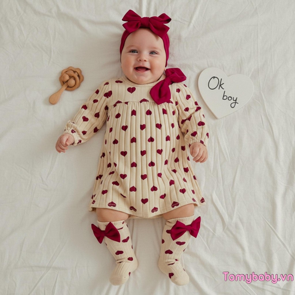 Váy Valentine cho bé gái Váy dài tay in hình trái tim dễ thương kèm vớ và băng đô
