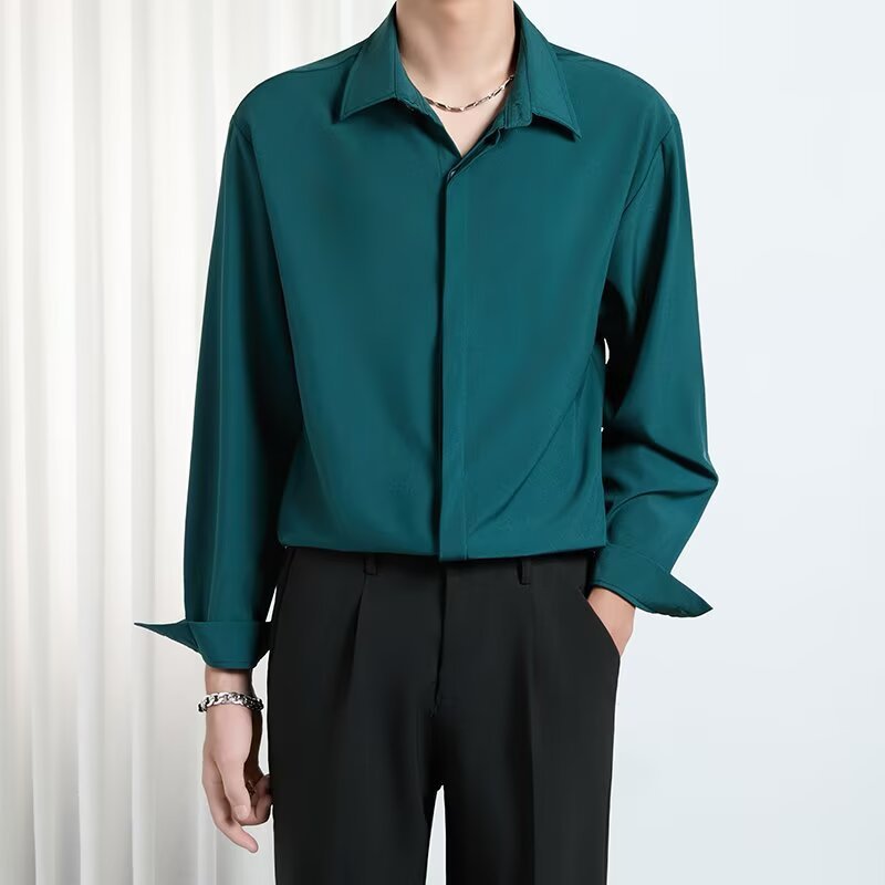 Áo sơ mi nam phong cách Hàn Quốc, chất liệu lụa cao cấp draped