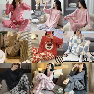 Quần Dài Tay Bộ Đồ Ngủ Nữ Cổ Tròn Hoạt Hình Cô Gái Dễ Thương Có Miếng Lót Ngực Loungewear