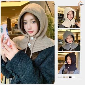 Mũ nón len đội đầu nữ 2 trong 1 kèm khăn quàng cổ đa năng trùm tai mùa đông ấm áp chất liệu len co giãn 4 chiều