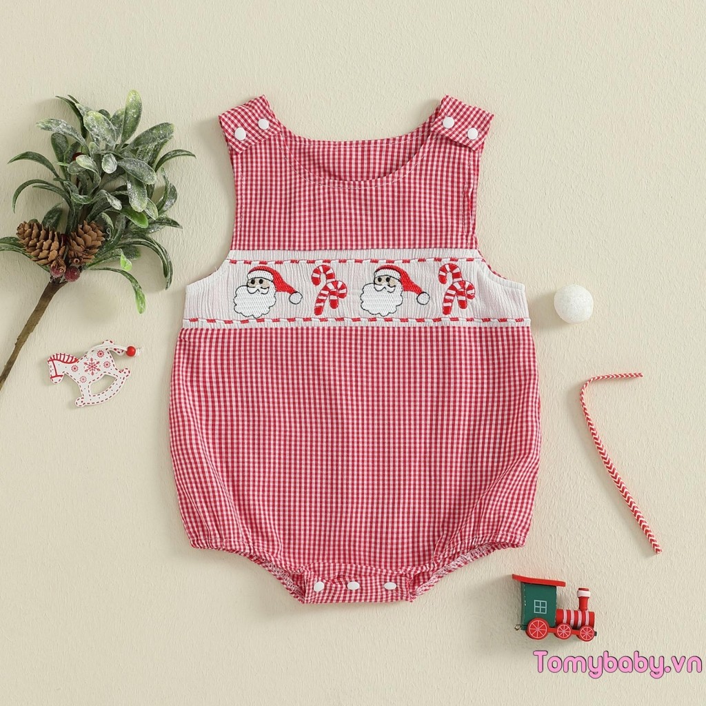 Áo liền quần kẻ sọc cho bé Tuần lộc Giáng sinh / Ông già Noel / Bộ áo liền quần không tay thêu bánh gừng