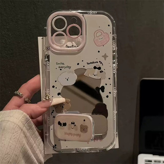 Vỏ Gương Hoạt Hình Dễ Thương Puppy + Dây Xích + Giá Đỡ Cho IPhone 16 11 15 14 13 12 Pro Max X Xr Xs Max 7 8 Plus Vỏ Điện Thoại Bảo Vệ Ống Kính Chống Sốc Mềm Vỏ Đen