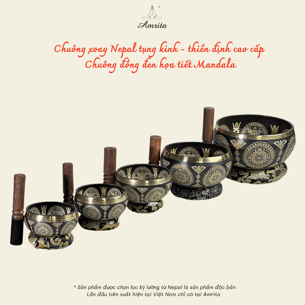 [Amrita] Chuông xoay Nepal tụng kinh - thiền định cao cấp  Chuông đồng đen họa tiết Mandala - CXNP199