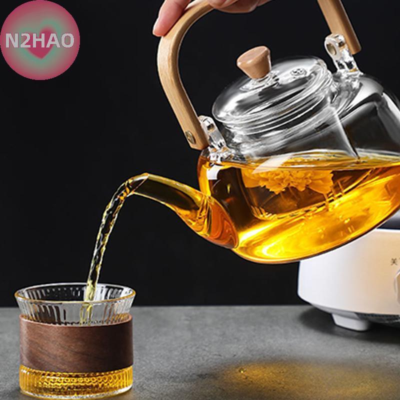 N2HAO Ấm trà thủy tinh sôi chịu nhiệt Tay cầm tre dày Bộ trà gia đình Tay cầm tre Ấm trà Nồi sức khỏe n