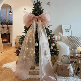 Mặt dây chuyền treo FANIELLAPOWELL, Chất liệu Organza quá khổ Cây thông Noel Topper Bow, Trang trí tiệc 50 * 200cm Nơ Giáng sinh khổng lồ Cây thông Noel
