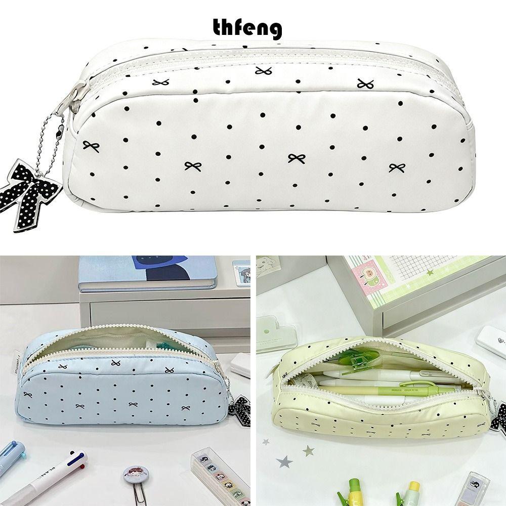 Bút Chì THFENG, Túi Đựng Bút Đa Năng Dung Tích Lớn, Kawaii Chấm Bi Nơ Cảm Ứng Mềm Văn Phòng Phẩm Túi Bảo Quản Trở Lại Trường Học