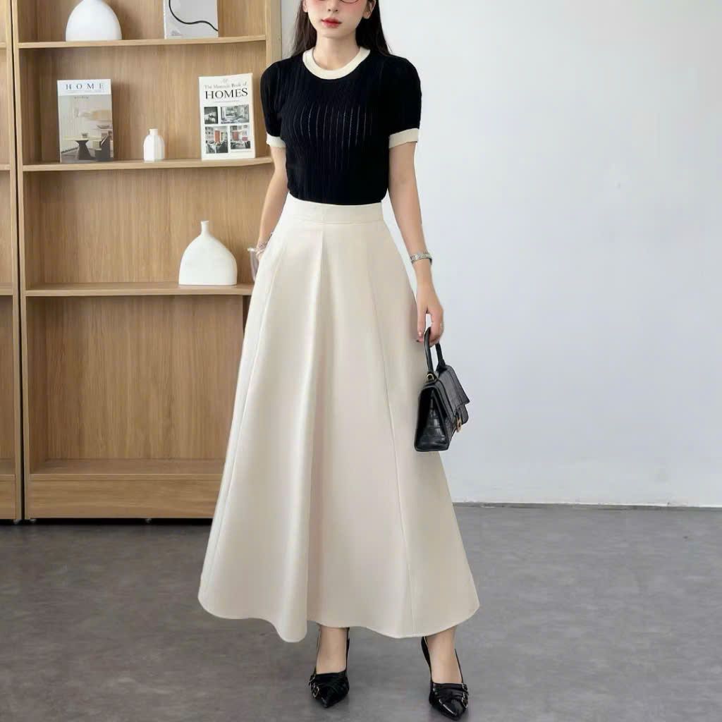 Chân váy chắp 8 mảnh cạp cao dài 90cm dáng suông chữ A che bụng tốt tôn dáng có túi 2 bên có bigsize CV02B