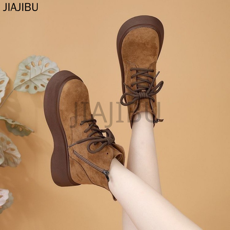 Size 35-43 Giày Bốt Chelsea Buộc Dây Bằng Da Lộn Màu Đen/nâu/kaki Mũi Tròn Chống Trượt Phong Cách Anh 42 Giày Nữ Cỡ Lớn Chất Lượng Cao 41 Korean Fashion Casual Platform Ankle Zipper Motorcycle Boots Bốt Da Lolita Nhật Bản Cổ Điển