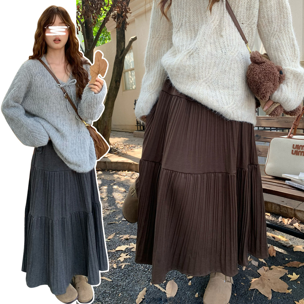 Váy bà bầu thời trang thu đông Váy chữ A xếp ly Cashmere dày