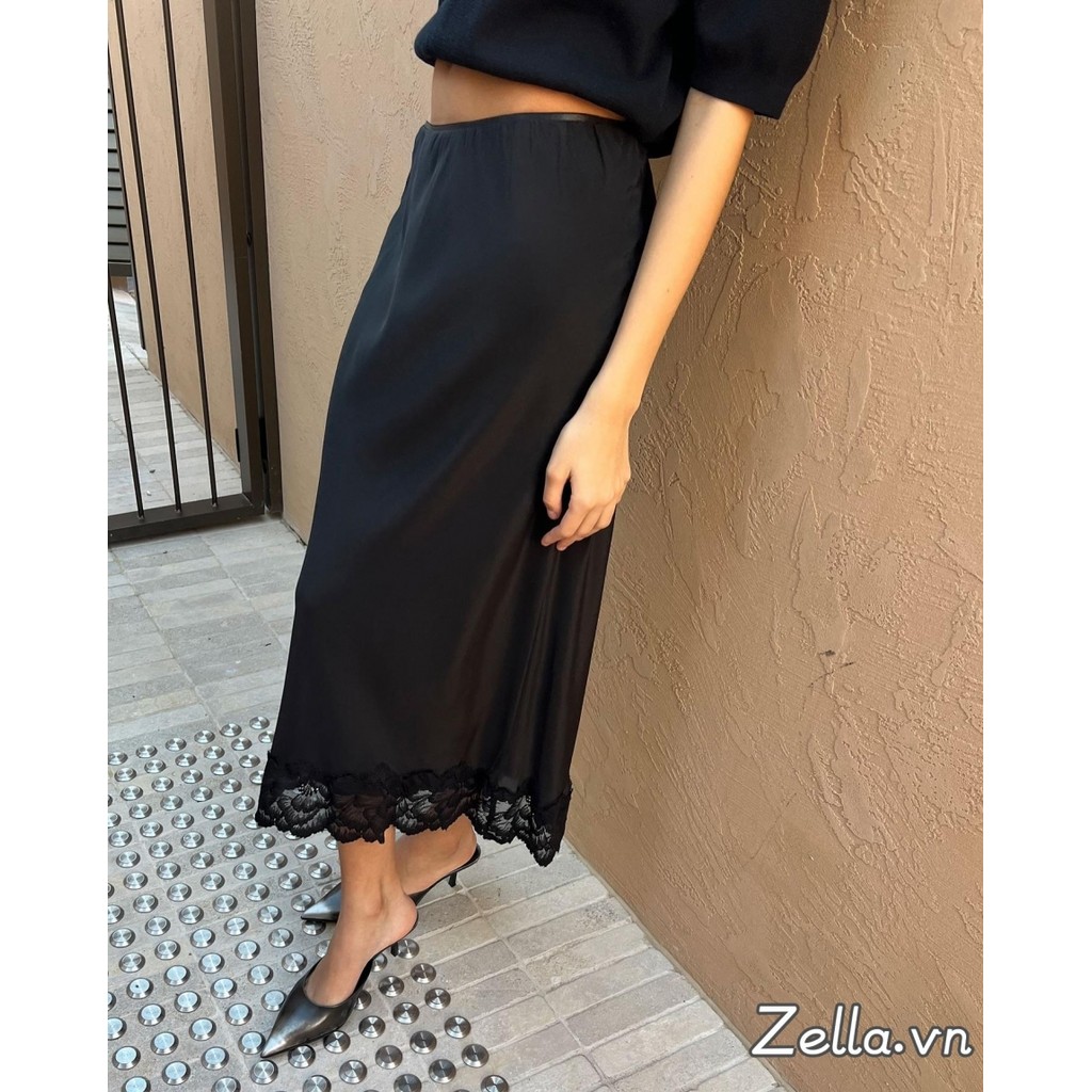 Váy midi satin nữ thanh lịch màu trơn với viền ren ôm body
