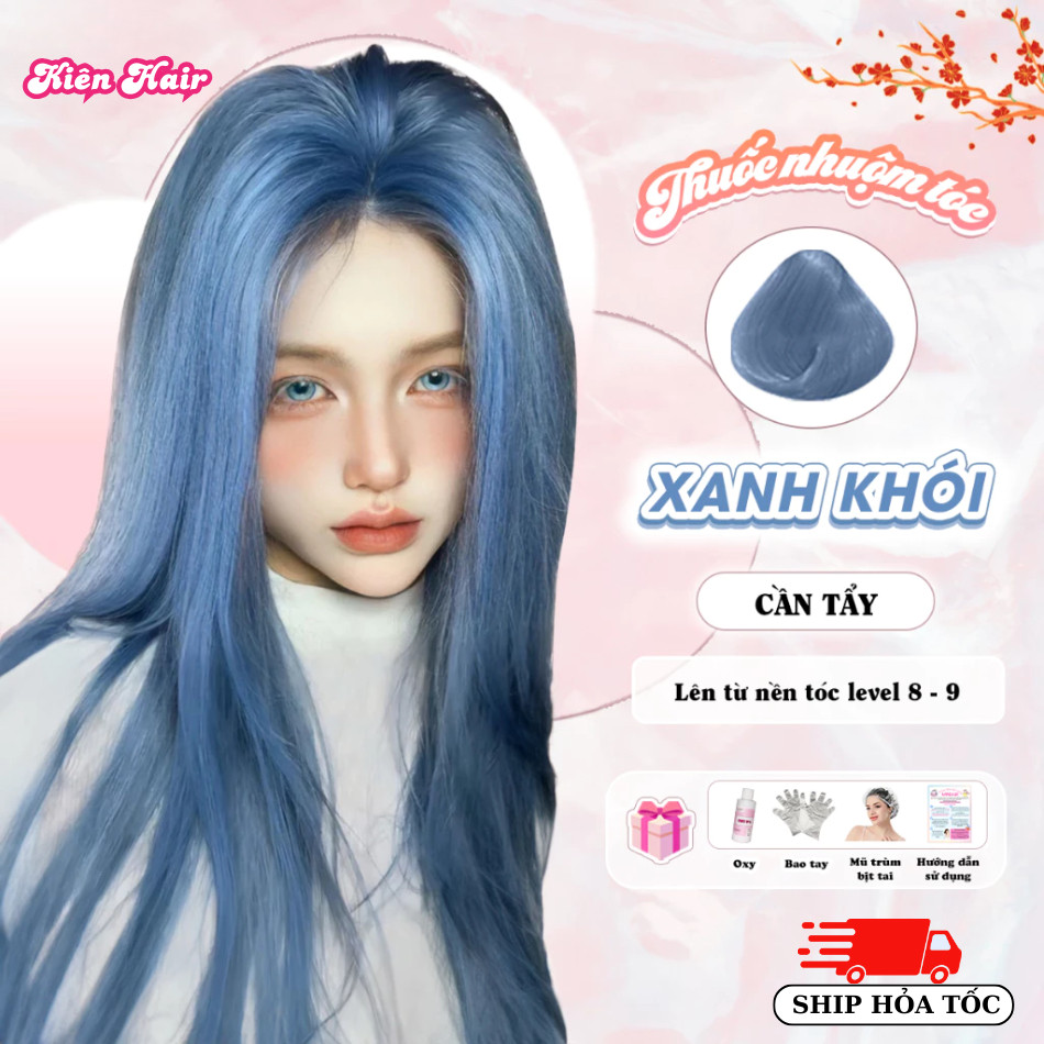 Thuốc nhuộm tóc màu xanh, thuốc nhuộm tóc màu Xanh Khói tặng kèm oxy trợ dưỡng và bao tay|Trunghair