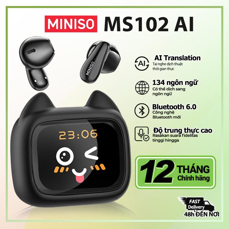 Miniso MS102  Tai nghe dịch AI Không dây Bluetooth 6.0 Dịch 136 ngôn ngữ theo thời gian thực Thiết kế màn hình cảm ứng Thời lượng pin 12 giờ Chống nước IPX5 Thiết kế tai mèo | BigBuy360 - bigbuy360.vn