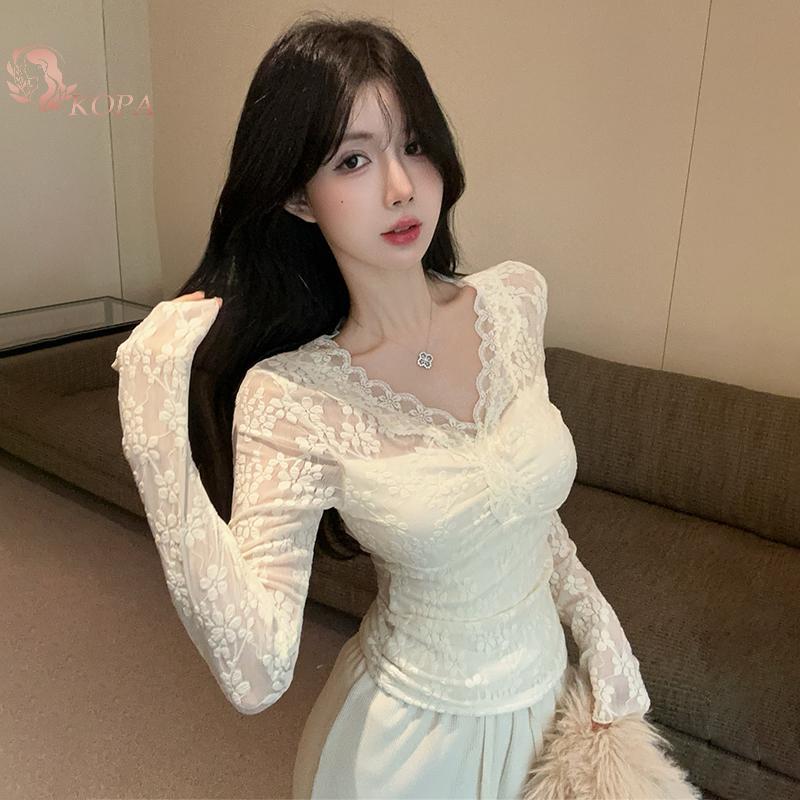 Kopa Áo Sơ Mi Ren Phong Cách Thu Đông, Cổ Chữ V Dài Tay Ôm Sát