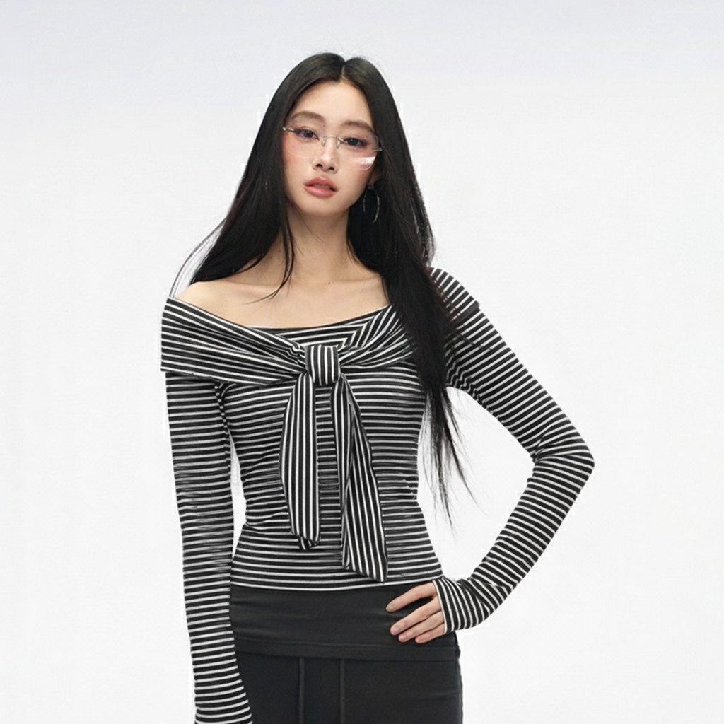 Áo Nữ Kẻ Sọc Tay Dài Trễ Vai  Kiểu Xoắn Thắt Nơ Ngực A51510