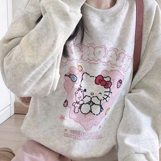 Áo sweater hello kitty in trái tim hồng dành cho nữ cổ tròn form rộng tay bồng chất nỉ bông