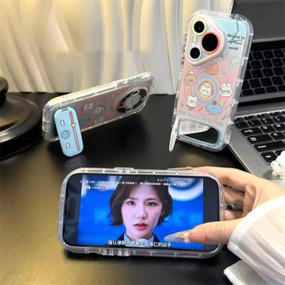 Vỏ Gương Hoạt Hình Dễ Thương + Dây Xích + Giá Đỡ Cho IPhone 16 11 15 14 13 12 Pro Max X Xr Xs Max 7 8 Plus Vỏ Điện Thoại Bảo Vệ Ống Kính Chống Sốc Mềm Vỏ Đen