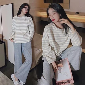 Hàng sẵn có Bộ đồ ngủ dài tay cổ tròn thông thường dành cho nữ Phiên bản Hàn Quốc Sọc dáng rộng 2022 Xuân Thu Loungewear