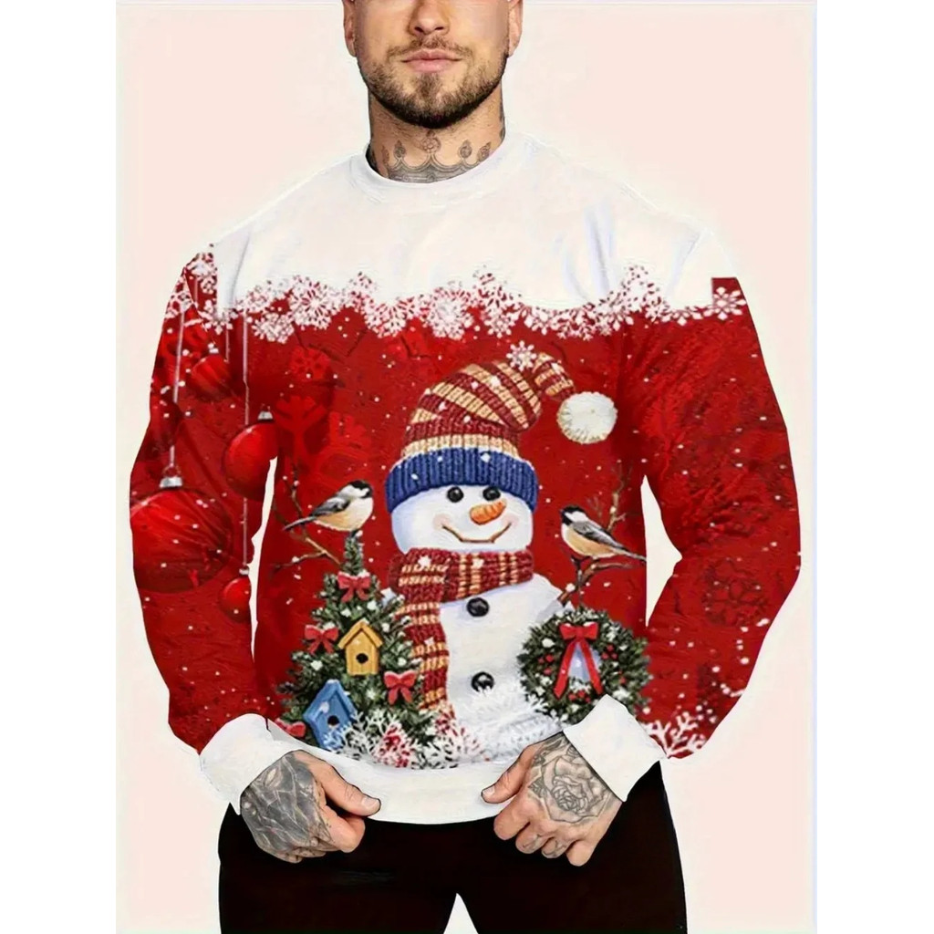 Áo thun dài tay in hình 3D, thiết kế cổ tròn, phù hợp mùa thu với chủ đề Ông già Noel cho Giáng sinh