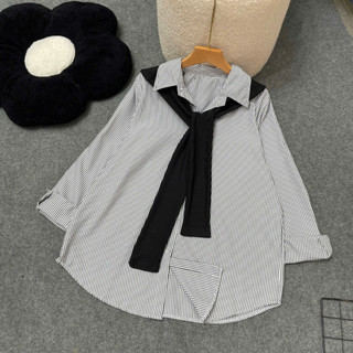 Combo Áo Sơ Mi Bigsize Nữ Kèm Khăn Thủy Thủ Quàng Vai Somi Kẻ Sọc Tay Dài Form Rộng Thanh Lịch  SM49+A195