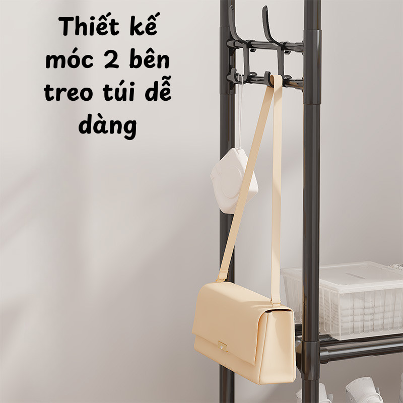 Giá Treo Quần Áo 3in1 Di Động Bánh Xe Tích Hợp Kệ Để Giày, Kệ Để Đồ Dễ Lắp Ráp, Chịu Lực Tốt