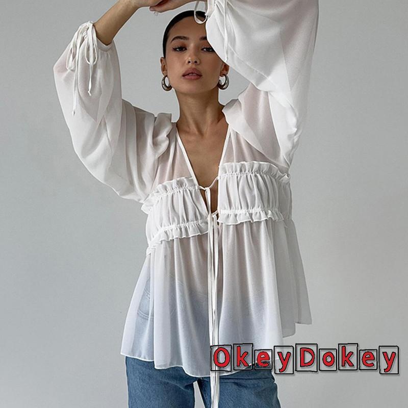 OKDK - Áo sơ mi dáng rộng thắt nơ phía trước, cổ chữ V, phù hợp mùa hè