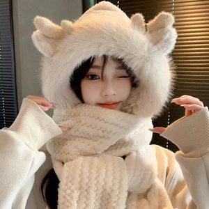 Mũ lông cừu nữ mùa đông, mũ len lông cừu kèm khăn quàng cổ ,găng tay dài đẹp dễ thương