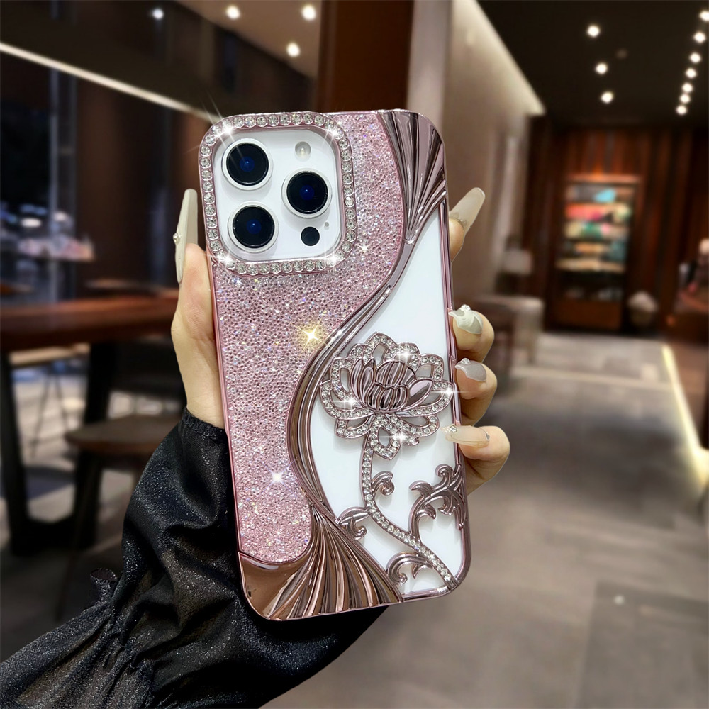 Ốp điện thoại hoa kim cương lấp lánh sang trọng cho iPhone 17 Pro Max 12 13 14 15 16 pro max Air 14 15 plus Bảo vệ Camera ống kính TPU vỏ mềm bảo vệ điện thoại