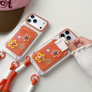Hàn Quốc Ngọt Ngào Girly 3D Hoa Khe Cắm Thẻ Túi Màu Cam Wrsit Dây Đeo Ốp Lưng Điện Thoại iPhone 17Promax 11 12 13 14 15 16 Pro Max 15Plus Silicon Mềm Chống Sốc Vỏ Di Động