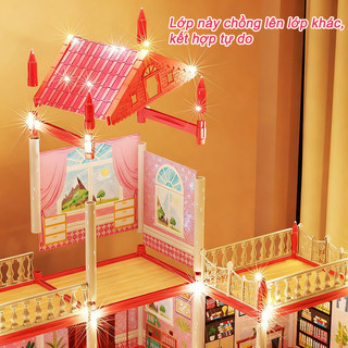 【BabyJoy】Mô Hình đồ Chơi Lắp Ghép Nhà Búp Bê Cho Bé Gái Màu Hồng,Mô Hình Lắp Ráp Ngôi Nhà Cho Bé Gái Mà,Tặng Đèn LED