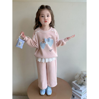 Bộ nỉ phối viền bèo cho bé gái 9-27kg. Bộ thu đông bé gái màu hồng pastel mẫu bộ nỉ BOWS . Đồ bộ dài tay bé gái. TD1