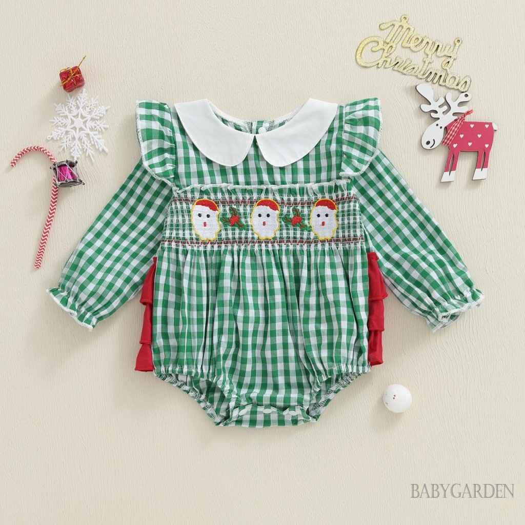 Bé Gái Giáng Sinh Áo Liền Quần Kẻ Sọc In Ông Già Noel Thêu Tay Dài Cổ Búp Bê Jumpsuit