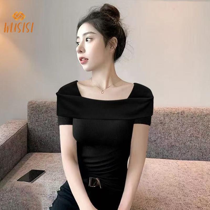 Áo thun ngắn tay cổ vuông màu trơn phong cách Hàn Quốc dành cho nữ