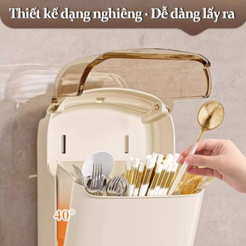 Hộp Đựng Đũa Muỗng Treo Tường Có Nắp Đậy Chống Bụi, Ống Đựng Đũa Muỗng Nhựa PP Có Khay Thoát Nước