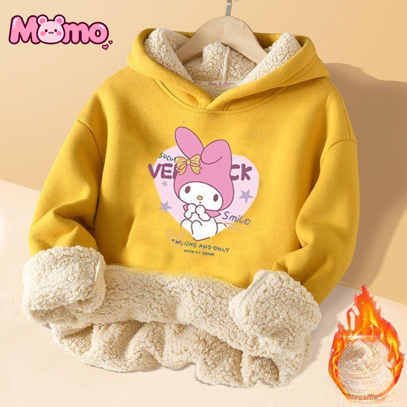 Áo Hoodie cổ tròn bằng len cừu in họa tiết Sanrio Kuromi cho bé gái, áo nỉ cách nhiệt mùa đông
