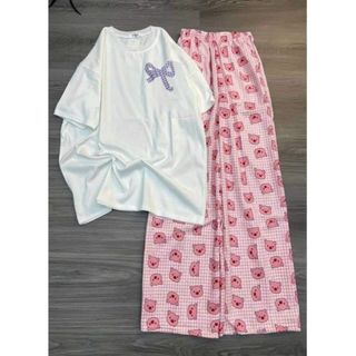 SÉT BỘ ĐỒ NỮ QUẦN HEO HỒNG + PHỐI ÁO PHÔNG TAY NGẮN -NƠ KẺ CARO TÍM-thuba94
