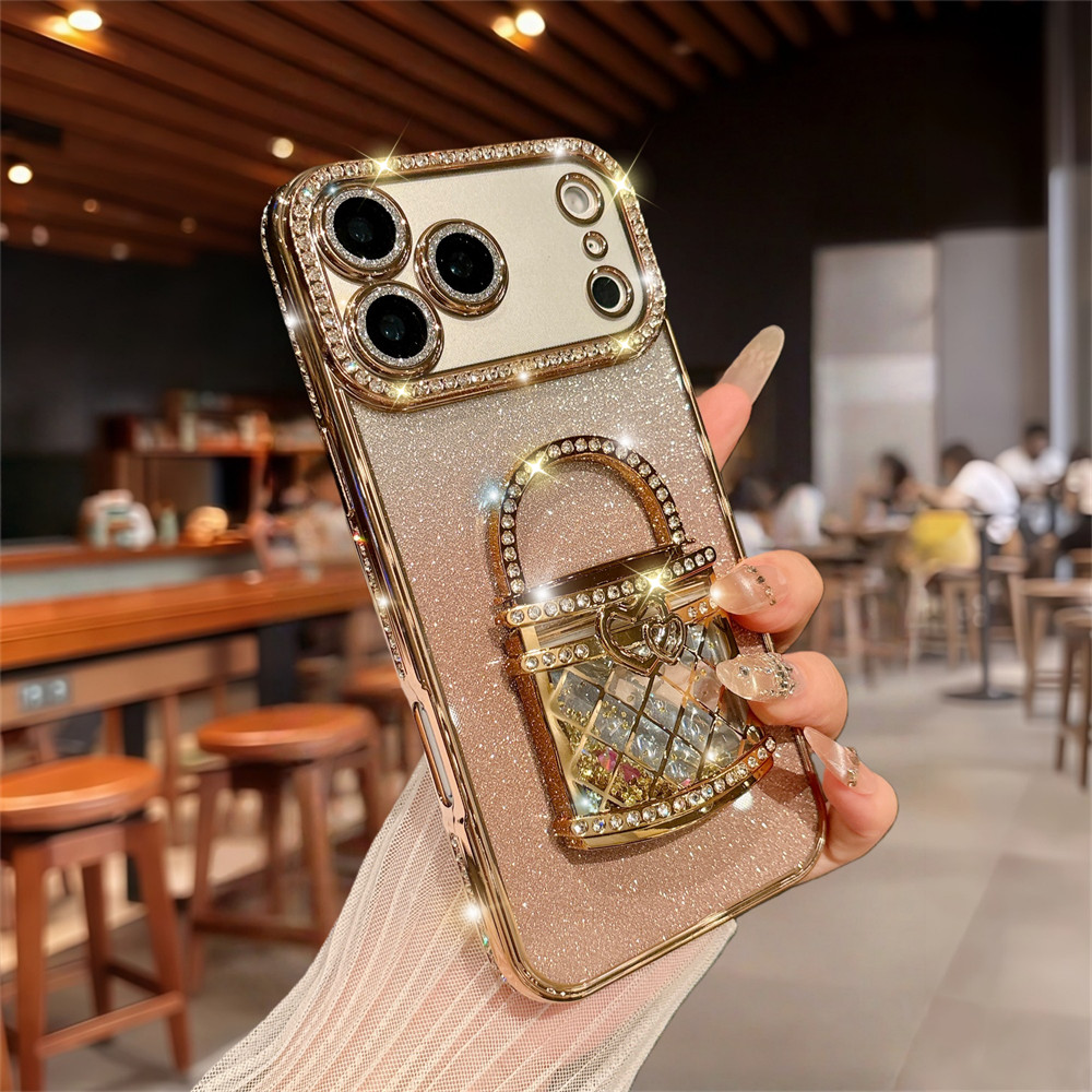 Ốp điện thoại giá đỡ gương cát lấp lánh cho iPhone 17 Pro Max 16 11 12 13 14 15 Pro Max Ống kính Bảo vệ Camera Vỏ chống sốc Vỏ mềm TPU