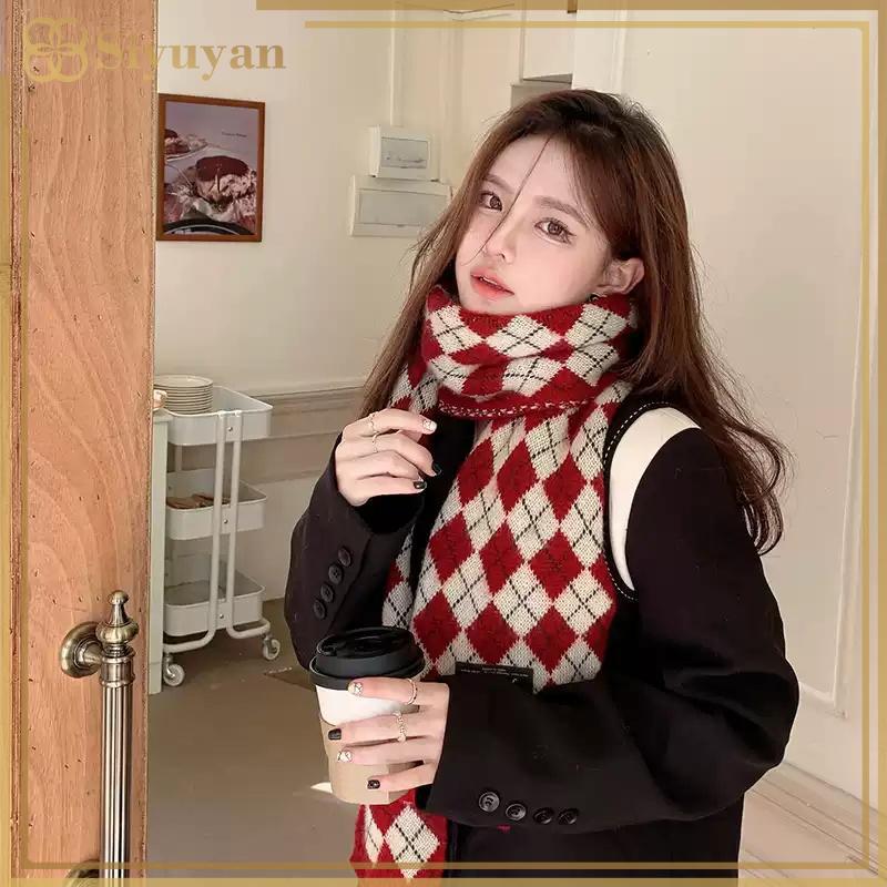 Siyuyan Khăn Len Kẻ Sọc Đỏ Cho Nữ, Dệt Kim Từ Len, Phù Hợp Thời Tiết Mùa Đông