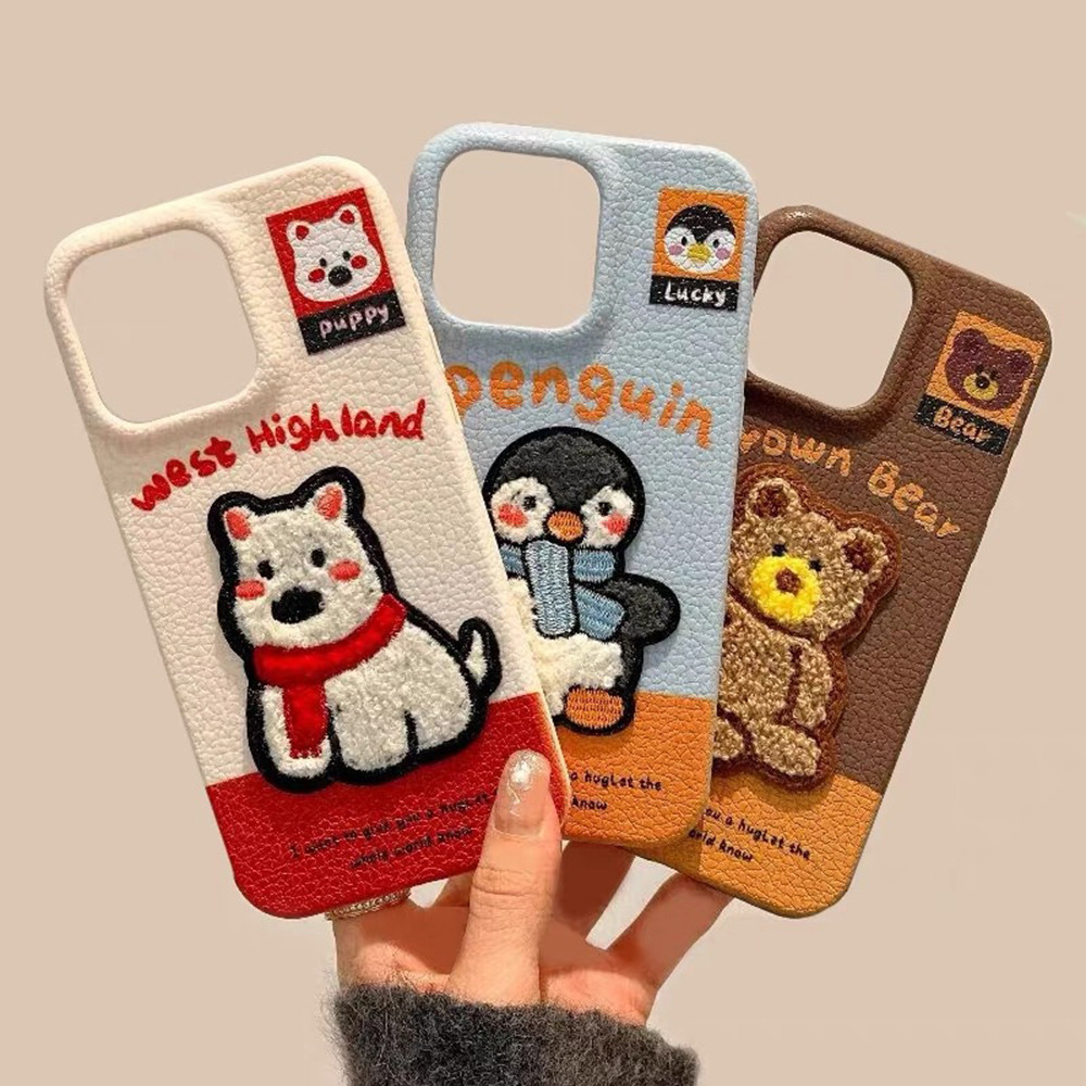 Ốp Điện Thoại Da Chó Gấu Chim Cánh Cụt Thêu 3D Cho iPhone 17 Pro Max 17 Air 16 Plus 15 14 13 12 11 Vỏ Bảo Vệ Chống Sốc