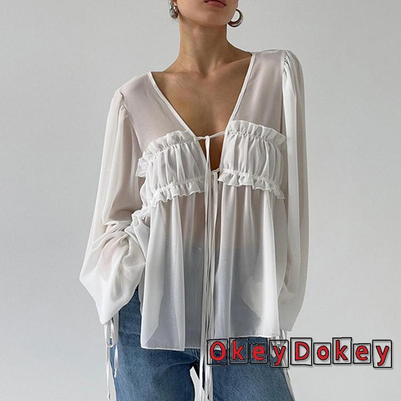 OKDK - Áo sơ mi dáng rộng thắt nơ phía trước, cổ chữ V, phù hợp mùa hè