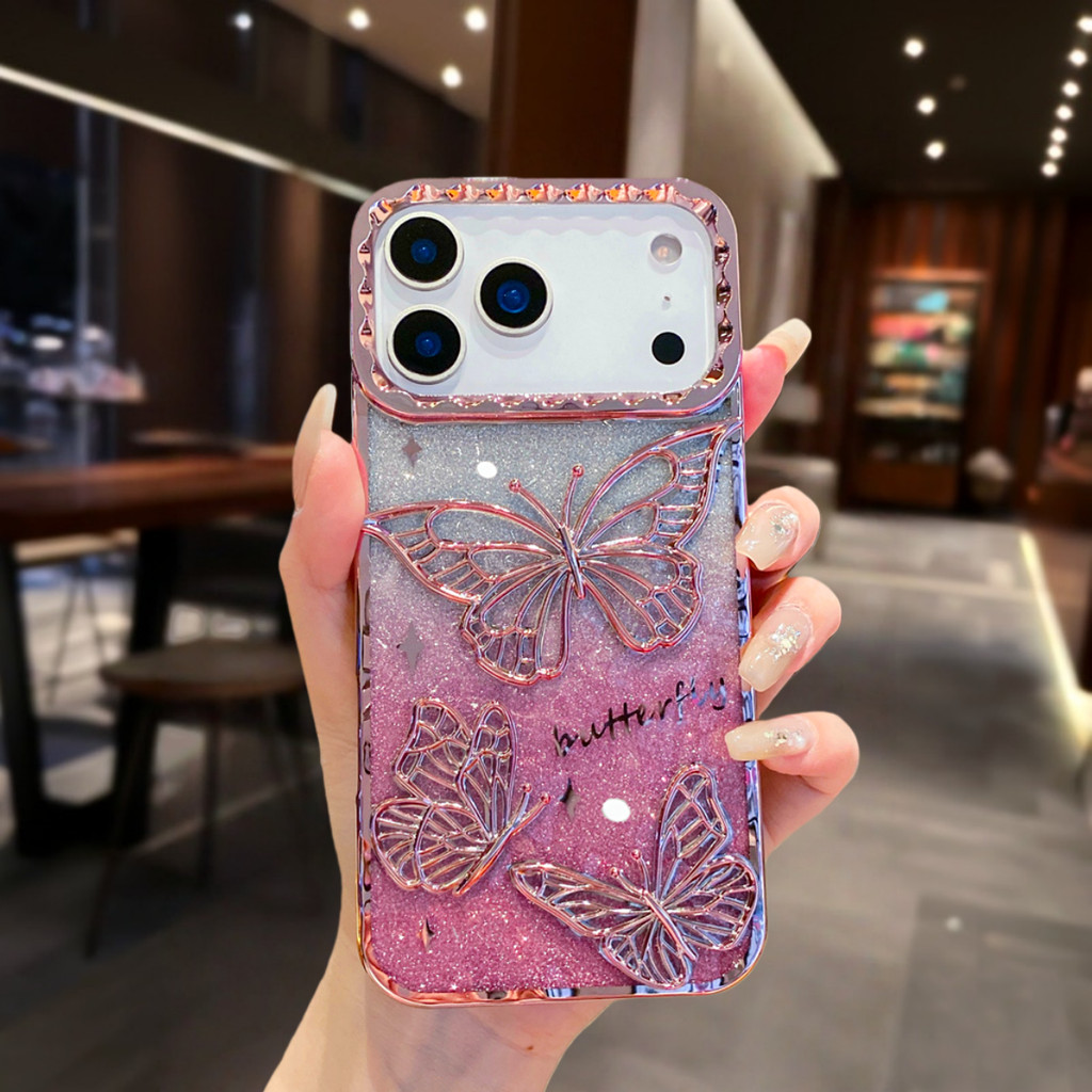 Ốp Điện Thoại Mạ Bướm Lấp Lánh Cho iPhone 17 Pro Max 16 13 14 15 Pro Max Air 16 plus Ống Kính Bảo Vệ Camera Vỏ Chống Sốc TPU Vỏ Mềm Vỏ Bảo Vệ Điện Thoại