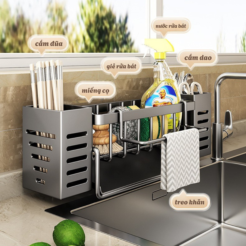 Kệ Để Đồ Rửa Chén Bát Đa Năng Kèm Ống Cắm Đũa Chất Liệu Inox Chống Gỉ, Có Khay Thoát Nước Tiện Lợi