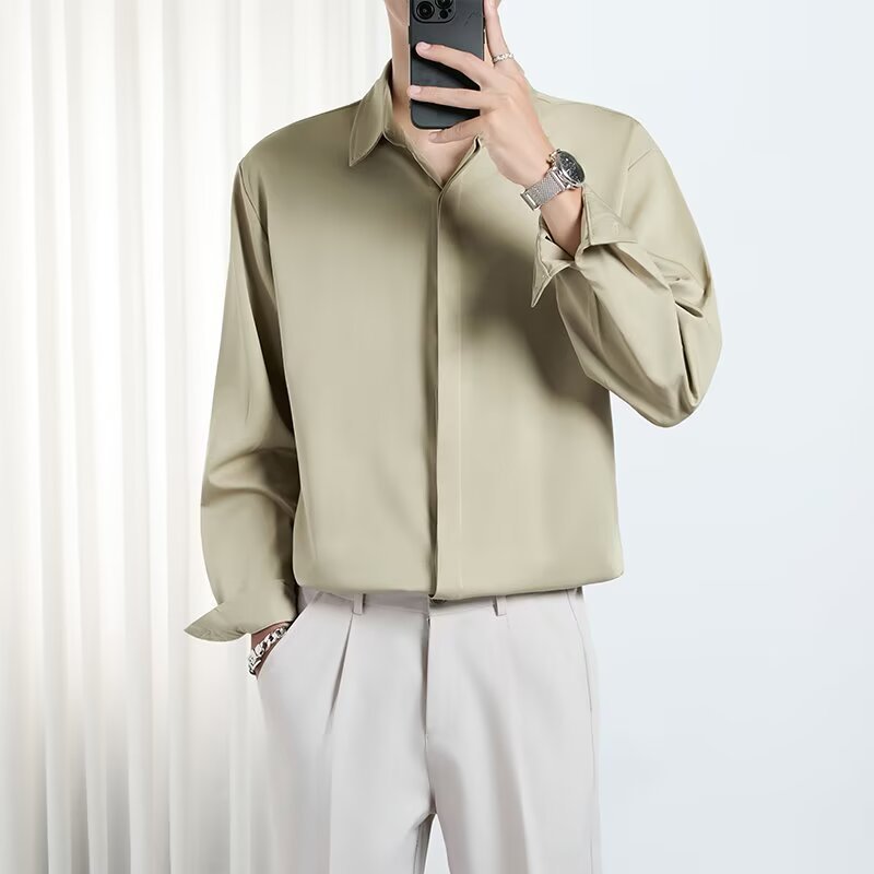 Áo sơ mi nam phong cách Hàn Quốc, chất liệu lụa cao cấp draped