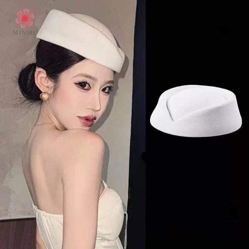 MJnmc Mũ nồi vintage màu đen kiểu flat top, phụ kiện tóc cho tiếp viên hàng không