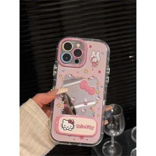 Vỏ Gương Cặp Đôi Hoạt Hình Mèo Kitty + Dây Xích + Giá Đỡ Cho IPhone 16 11 15 14 13 12 Pro Max X Xr Xs Max 7 8 Plus Vỏ Điện Thoại Bảo Vệ Ống Kính Chống Sốc Mềm Vỏ Đen