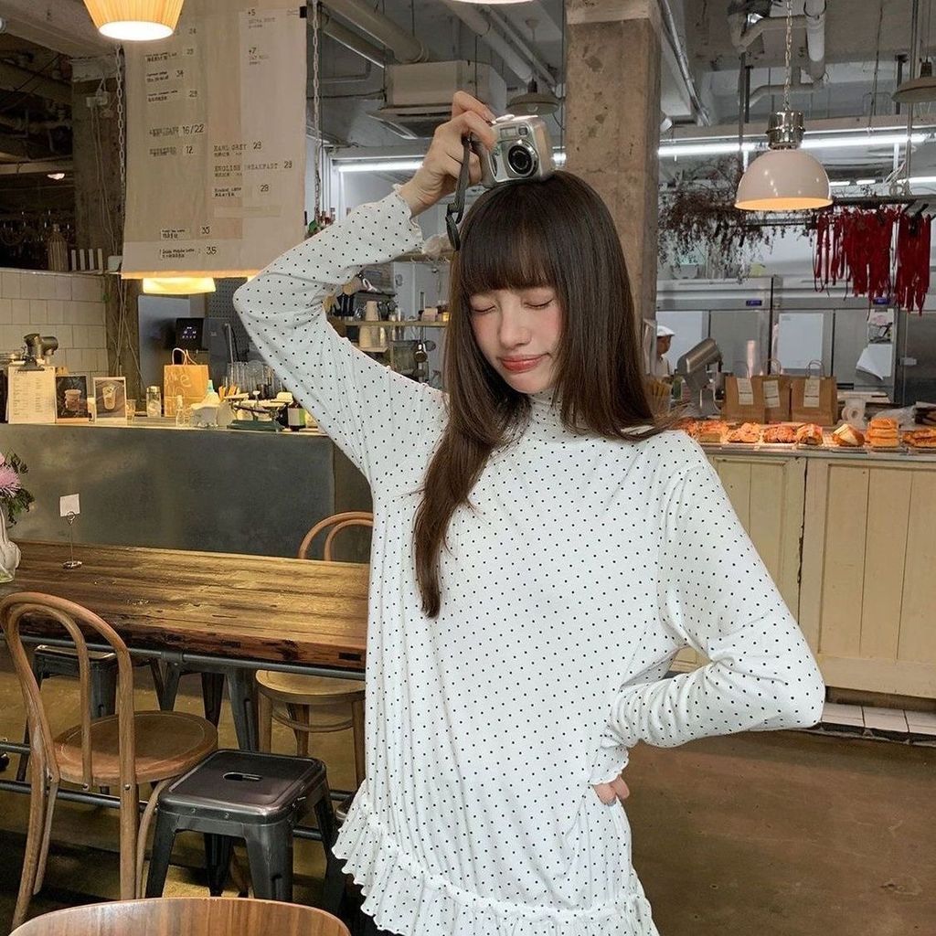 Milyfashion Áo Blouse Ren Cổ Cao Chấm Bi Tay Dài, Thiết Kế Ôm Vừa Vặn Phù Hợp