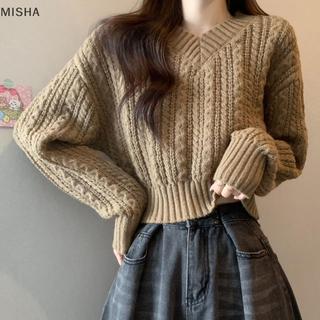 Misa Thời Trang Nữ Retro Cổ Chữ V Dài Tay Phù Hợp Với Áo Len Dệt Kim Ngắn Xoắn